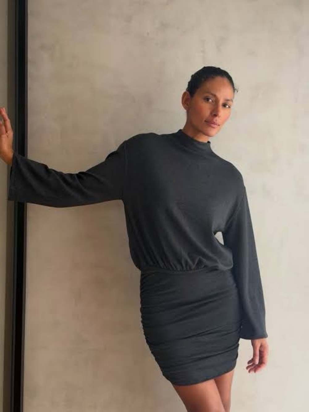 Zara charcoal Long Sleeve Ruched sides Midi Dress NWOT